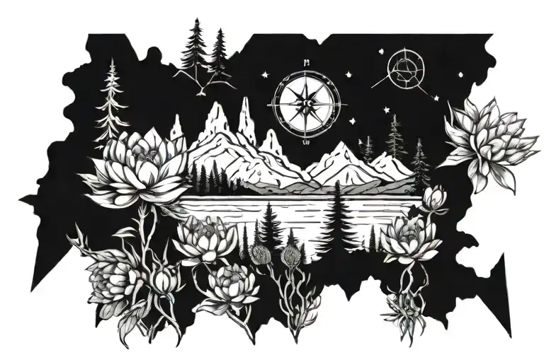 evergreeen trees, cactuses, compass rose, mountains, waterlily flowers, lockspur flowers  tattoo design idea