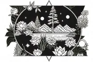 evergreeen trees, cactuses, compass rose, mountains, waterlily flowers, lockspur flowers  tattoo design idea