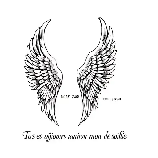 Angel wings with the words Tu es toujours avec moi, mon rayon de soleil inbewteen them. tattoo design idea