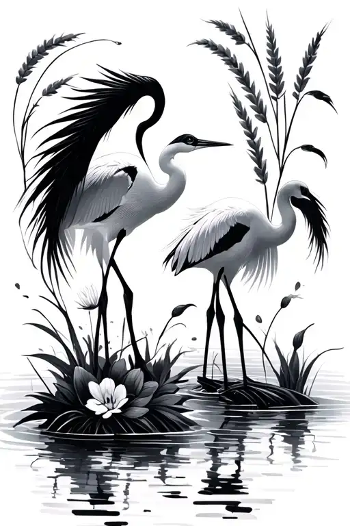two cranes in the water with reed flower tattoo design idea