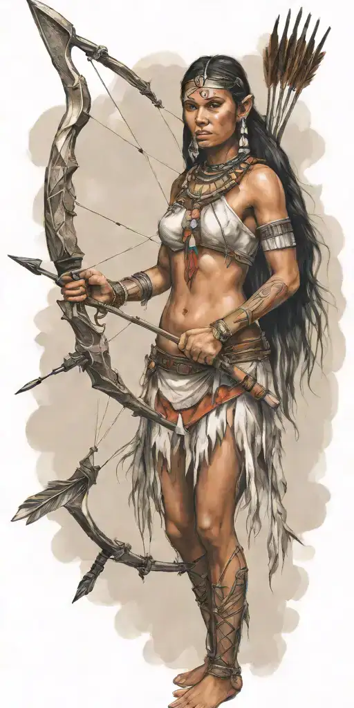 young adorable cherokee woman full body with bow and arrow tattoo design idea