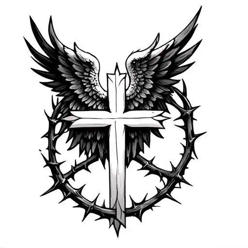 a angelic wings with a withe cross surrounded by thorns tattoo design idea