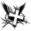 a angelic wings with a withe cross surrounded by thorns tattoo design idea