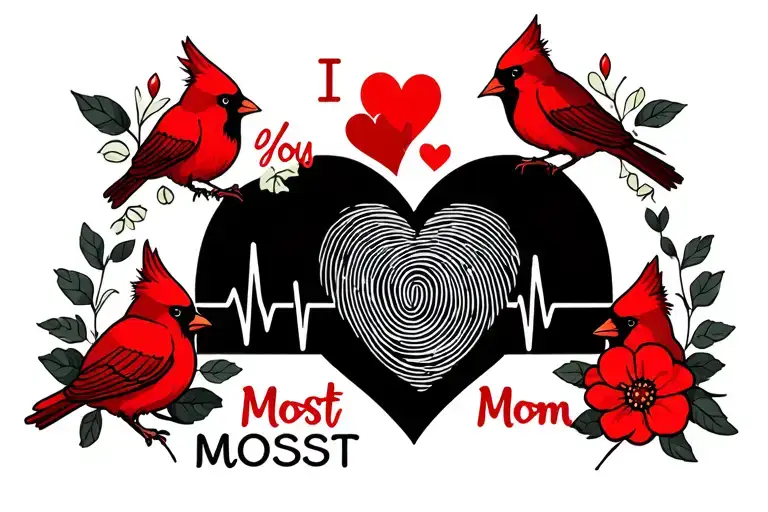 heart beat pulse and red cardinals and flowers around the words I love you most mom and with a thumb print  tattoo design idea