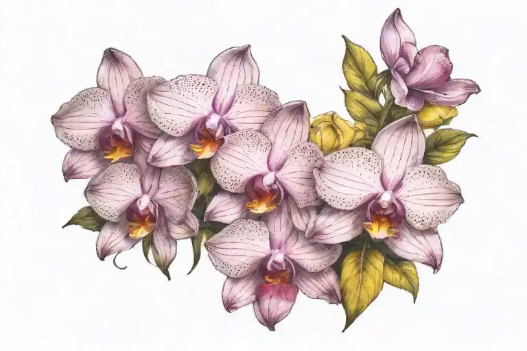 pink dendrobium orchids, full yellow rose, mom tattoo design idea