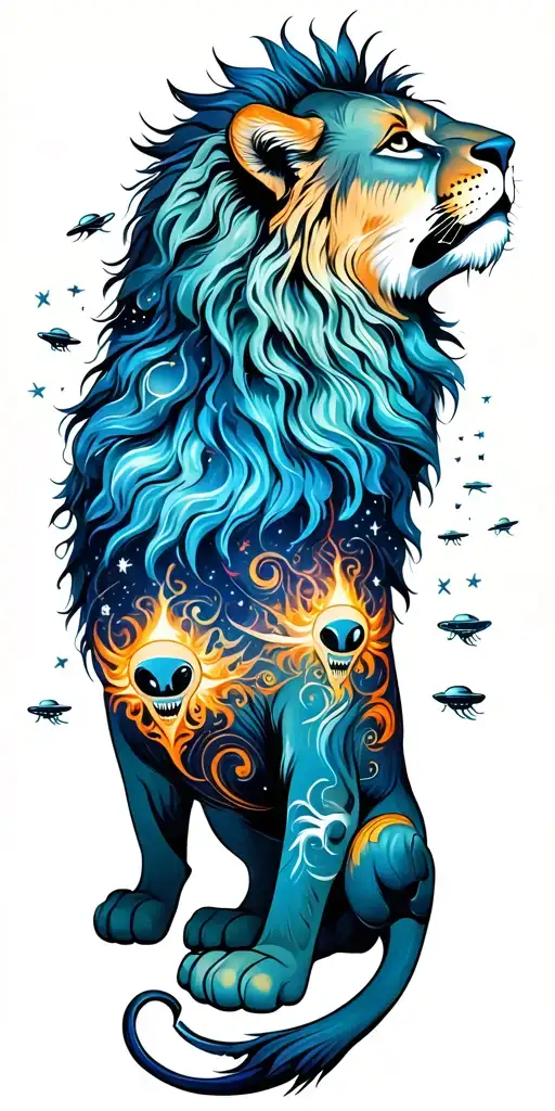 small lion looking up left side pose,  vast blue colored distant sky filled with aliens all over the sky  tattoo design idea