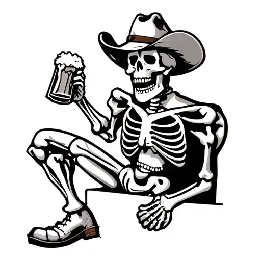 cartoon cowboy skeleton holding a beer leaning on a wall tattoo design idea