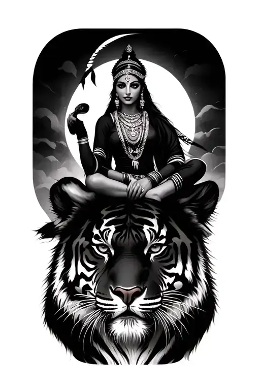 kaali sitting on top of a tiger surrounded tattoo design idea
