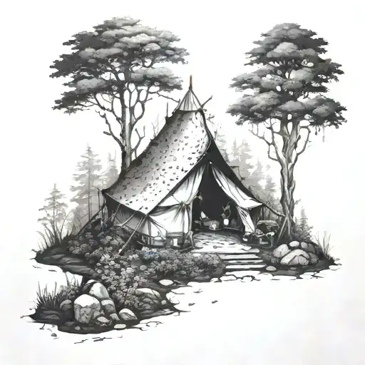 A mystical forest scene with a trader's tent hidden among the trees tattoo design idea