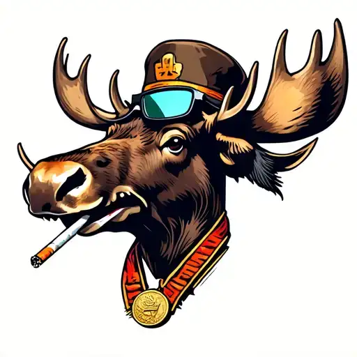 Moose head on the wall with a cigarette in his mouth, tiny hat on his head, a gold medal around his neck, 3D glasses tattoo design idea
