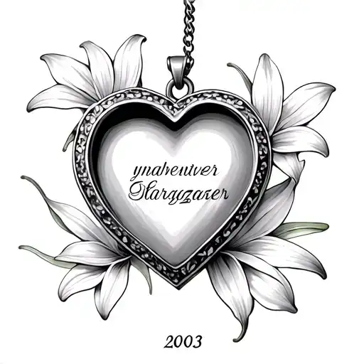 an open heart locket with the year 2003 in elegant script on one side, and a fine line stargazer lily on the other tattoo design idea