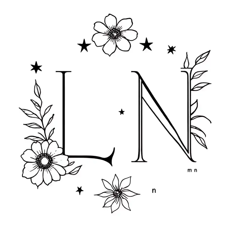 flowers + initials l and n + sun and moon and stars tattoo design idea