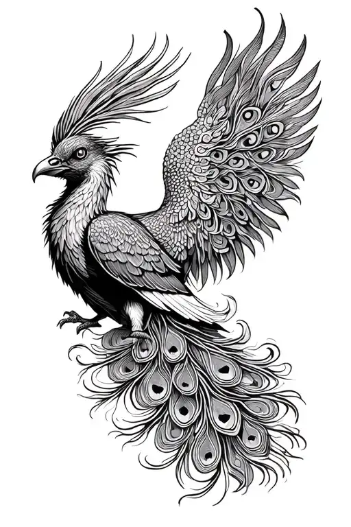  front view phoenix bird with twowings spread peacock feather tail tattoo design idea