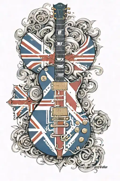 union jack epiphone les paul guitar with smoke forming the shape tattoo design idea