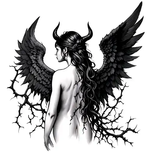 vine of thorns down back, one shoulder with angel wing, the other devil wing tattoo design idea