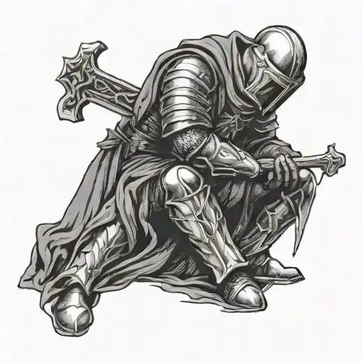 crusader knight kneeling with cross tattoo design idea