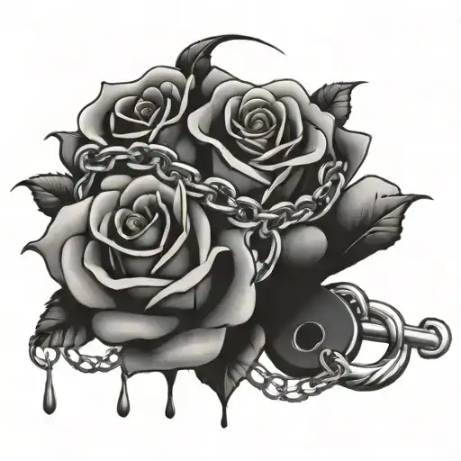 a romantic themed image with roses, chains, padlocks and hearts. tattoo design idea