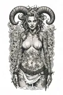 Sexy Pale Girl,petite, big boobs, wide hips, G-String. Messy hair, demonic horns, sexual. Seductive smile. Full Body tattoo design idea