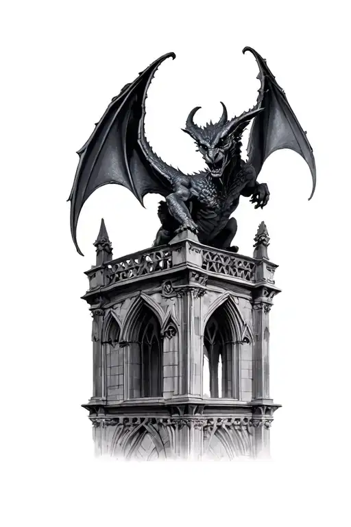 dark gargoyle gothic architecture tattoo design idea
