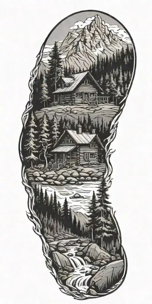 A detailed log cabin in the mountains surrounded by pine trees and a flowing river with a hiking trail. tattoo design idea