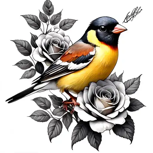 Goldfinch and roses tattoo design idea