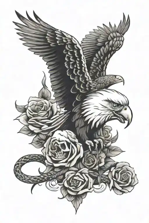 eagle, snake, skull with roses tattoo design idea