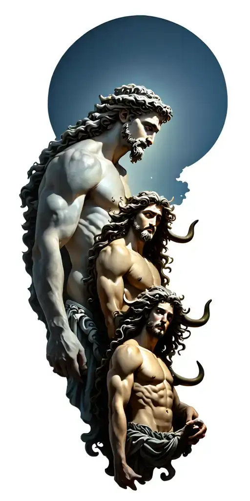 greek mythology. Zeus and Poseidon at the top, demi gods in the middle, medusa, Hades, and minotaur at the bottom tattoo design idea