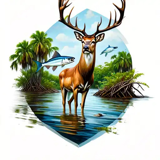 a deer standing on land by water with some palmettos and then a tarpon jumping in the water with some mangroves  tattoo design idea