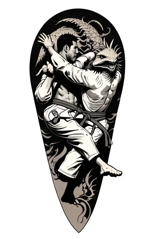 A surreal tattoo of a Brazilian Jiu Jitsu fighter engaged in combat with a mythical creature or alien, inspired by conspiracy theories and rendered in a dark and mysterious black-grey style tattoo design idea
