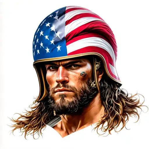 spartan warrior with American flag through helmet hair tattoo design idea