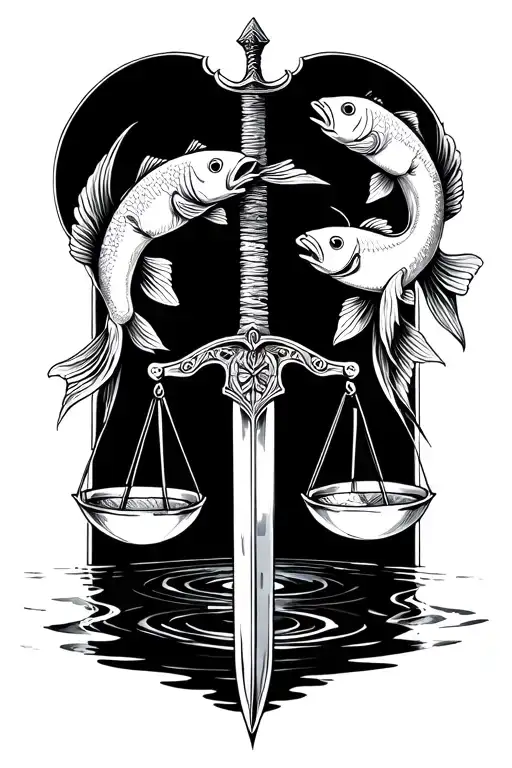 libra scales held by a sword that is piercing through water as 2 pisces fish are circling around the blade of the sword tattoo design idea