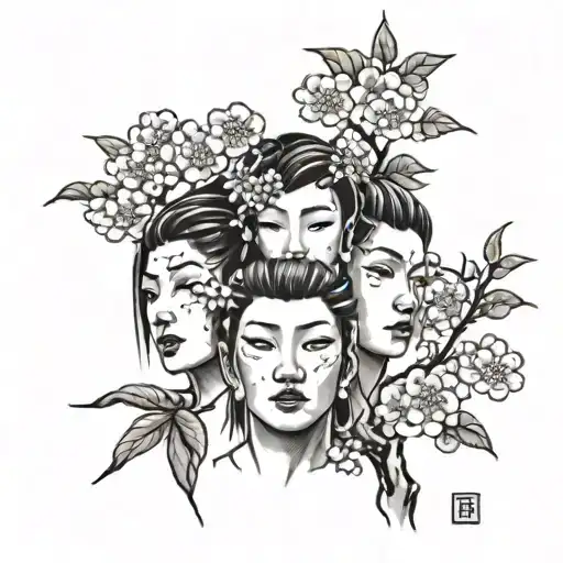 three japanese faces with sakura tree tattoo design idea