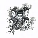 three japanese faces with sakura tree tattoo design idea