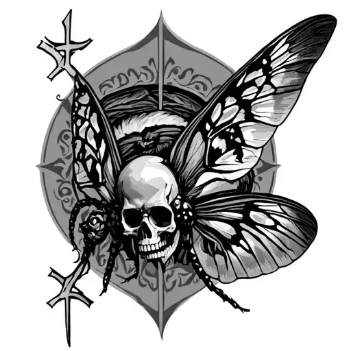 death head moth and cross wrapped tattoo design idea