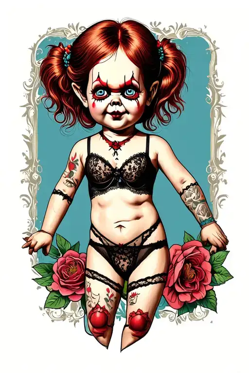 Chucky wearing lingerie tattoo design idea