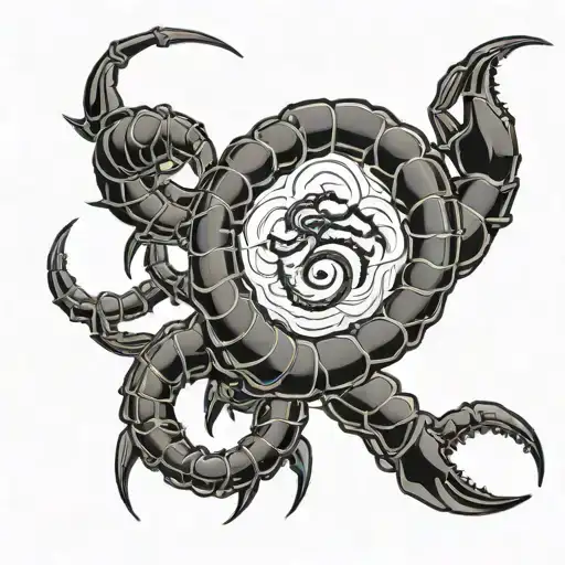 represents Scorpio zodiac and Cancer moon sign, incorporating a scorpion, the Scorpio glyph, and water element symbol tattoo design idea
