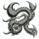 represents Scorpio zodiac and Cancer moon sign, incorporating a scorpion, the Scorpio glyph, and water element symbol tattoo design idea