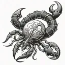 represents Scorpio zodiac and Cancer moon sign, incorporating a scorpion, the Scorpio glyph, and water element symbol tattoo design idea