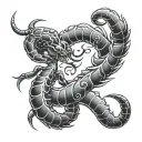 represents Scorpio zodiac and Cancer moon sign, incorporating a scorpion, the Scorpio glyph, and water element symbol tattoo design idea