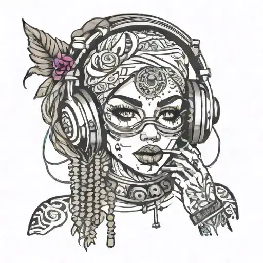 Power woman with bandana and septum as puppet of a techno dj party tattoo design idea