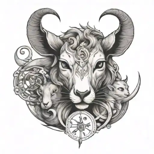 Three zodiac signs Rat, Goat, and Cat in one tattoo. tattoo design idea