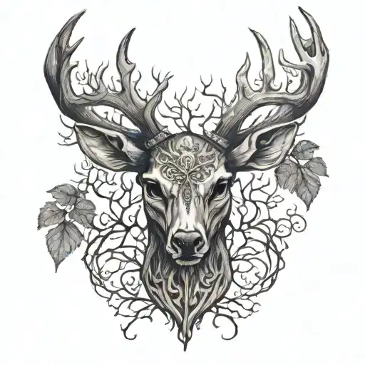 deer, buck, skull, tree, eye, dark tattoo design idea