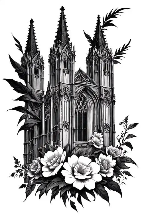 gothic cathedral and floral design tattoo design idea