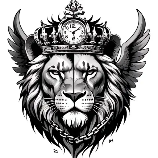 half fave of man half face of lion wearing crown and add dumbell chains wings  and time piece with qoute scars are proof tattoo design idea