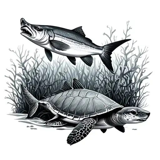 Kelp forest with 4 animals : 1 giant sea bass. 1 otter. 1 leopard shark. 1 logger head seat turtle tattoo design idea