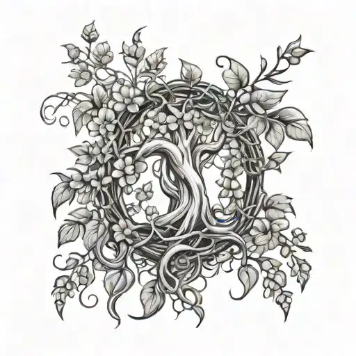 willow tree vines intertwined with golden ingot ivy and honeysuckles and clovers and money plants  tattoo design idea