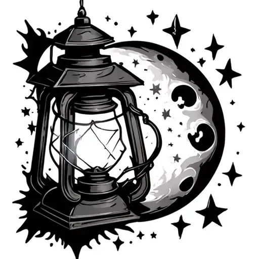 a cracked lantern that's still shining surrounded by the stars and the moon tattoo design idea
