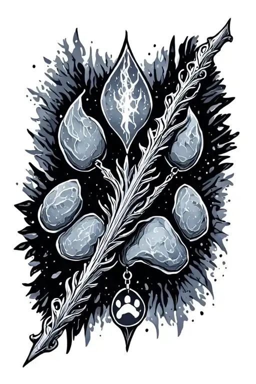 elder wand with dog paw print patronus charm. thin line and simple tattoo design idea