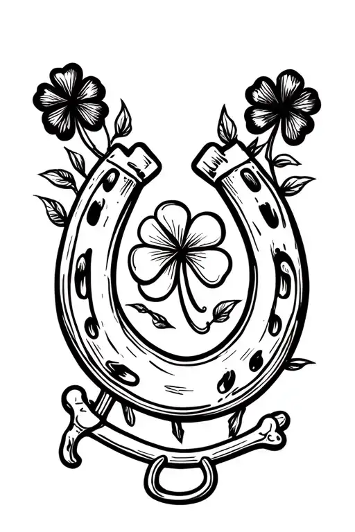 A cute, minimalistic tattoo design featuring a horseshoe, a four-leaf clover, and a wishbone, inspired by vintage lucky  tattoo design idea