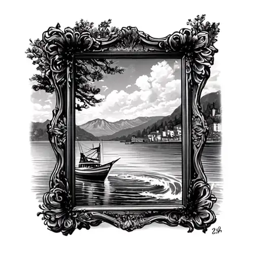 ,make a picture frame of geneva switzerland with the lake aswell as water shooting out  in the lkae and also mountains tattoo design idea